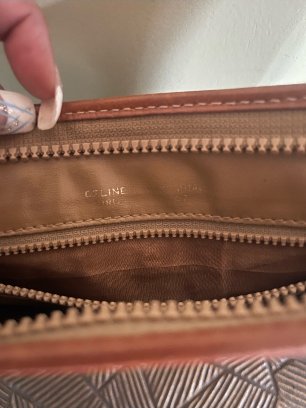 Vintage Celine Brown Patterned Leather Zip Pouch/Clutch Cognac Trim - Picture 10 of 11